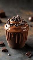 Decadent chocolate cupcake with smooth frosting and chocolate chips on top in a dimly lit kitchen setting photo