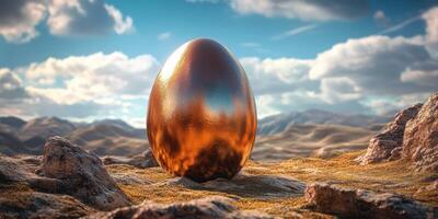 Giant golden egg stands on rocky terrain against a bright sky with scattered clouds in a fantasy landscape photo