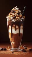 Indulgent chocolate dessert served in a tall glass with whipped cream and toppings photo