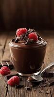 Rich chocolate mousse topped with fresh raspberries and dark chocolate shavings on a wooden table photo