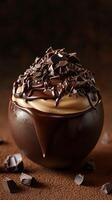 Decadent dessert featuring rich chocolate mousse topped with dark chocolate shavings in a stylish bowl photo
