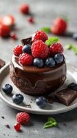 Tempting chocolate cake topped with fresh raspberries and blueberries garnished with mint leaves photo