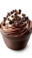 Delicious chocolate dessert topped with cream and chocolate chips enjoyed in a cozy kitchen setting photo