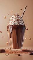 Indulging in a decadent chocolate milkshake with whipped cream and chocolate shavings in an inviting setting photo