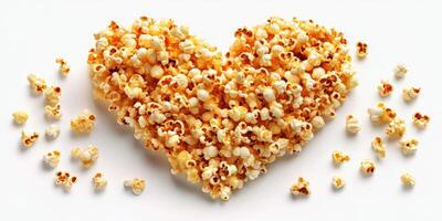 en forma de corazon pila de palomitas de maiz arreglado en un blanco antecedentes para un creativo bocadillo presentación foto