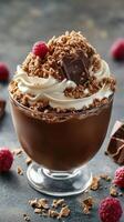 Decadent chocolate dessert topped with whipped cream, raspberries, and crispy crumbs served in a clear glass bowl photo