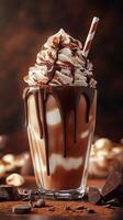 Rich chocolate milkshake topped with whipped cream and drizzled chocolate served in a clear glass with a straw photo