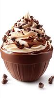 Delicious dessert featuring creamy swirls topped with chocolate drizzle and chocolate chips in a brown bowl photo