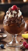 Delicious chocolate dessert topped with whipped cream and fresh strawberries in a rustic cafe setting photo