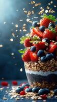 Colorful fruit and granola parfait garnished with fresh berries and seeds during bright morning light photo