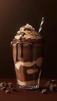 Creamy chocolate milkshake topped with whipped cream and chocolate drizzle in a stylish glass on a dark background photo