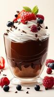 Decadent chocolate dessert with fresh berries and whipped cream garnished in a clear glass photo