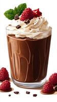 Decadent chocolate dessert topped with whipped cream and fresh raspberries in a modern glass photo