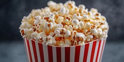 Freshly popped popcorn in a striped container ready for movie night at home or a special event photo