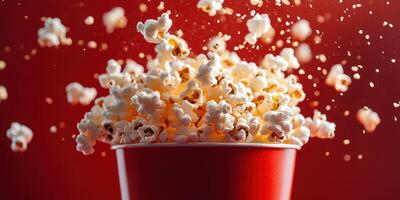 Delicious popcorn bursting from a red container against a vibrant backdrop photo