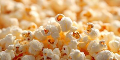 Freshly popped popcorn scattered on a surface, creating a light and fluffy texture photo