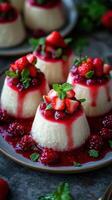 Delicious panna cotta topped with strawberries and raspberries served on a rustic table photo