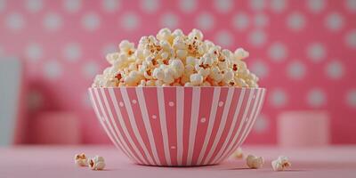 Colorful bowl of popcorn against a vibrant pink background with polka dots in a cheerful setting photo