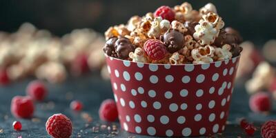 Delicious gourmet popcorn topped with fresh raspberries and chocolate on a dark surface photo