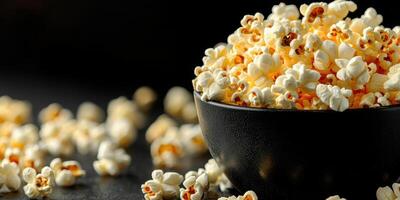 Freshly popped popcorn served in a black bowl with scattered kernels on a dark surface during movie night photo