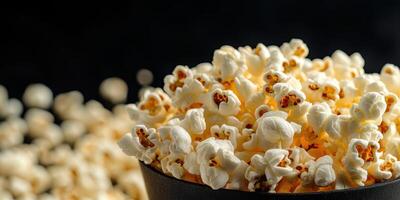 Freshly popped popcorn in a black bowl ready for movie night or snacking with friends photo