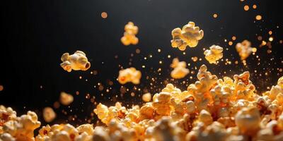 Flying popcorn bursts into the air, creating a lively snack scene in a cozy atmosphere photo