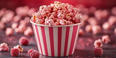 Colorful pink popcorn in a striped cup surrounded by scattered raspberries on a dark surface photo