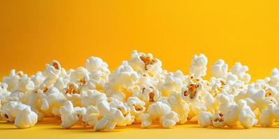 Popcorn scattered on a bright yellow background, perfect for movie nights and snacks photo