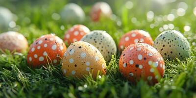 Colorful decorated eggs scattered on fresh green grass with dew drops in a spring setting photo