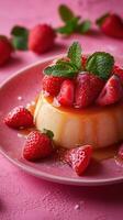 Fresh strawberries and caramel flan served on a pink plate during a bright afternoon photo