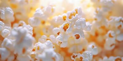 Fluffy popcorn kernels floating in warm light creating a cozy atmosphere for movie night at home photo