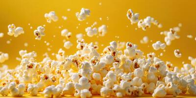 Popcorn kernels flying in the air against a vibrant yellow background during a festive movie night photo
