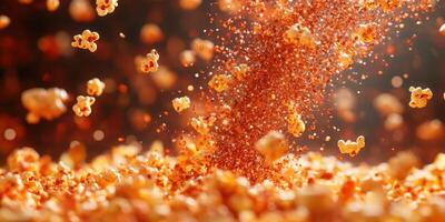 Popcorn bursts into the air with vibrant spices creating an appetizing spectacle in a cozy kitchen setting photo