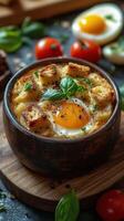 Savory baked egg dish with croutons, fresh herbs, and cherry tomatoes presented on a wooden board photo