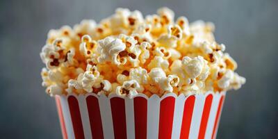 Freshly popped popcorn served in a classic striped container at a movie theater photo