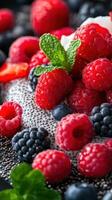 Fresh berries on creamy chia pudding garnished with mint in a vibrant dessert arrangement photo