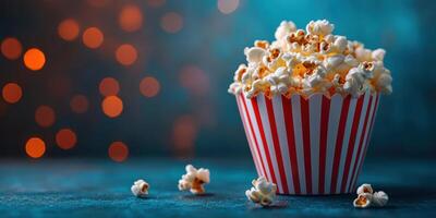 Freshly popped popcorn in a red and white striped container against a blurred festive background photo