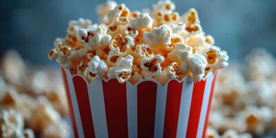 Popcorn overflowing from a classic red and white striped container at a movie night celebration photo