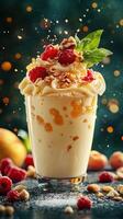 Delicious fruit parfait with raspberries and nuts served in a tall glass surrounded by a festive background photo