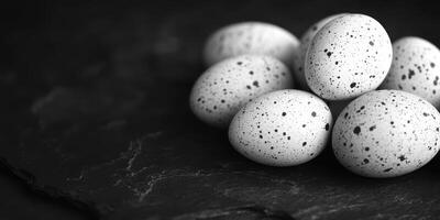 Beautifully speckled eggs arranged on a dark surface in a monochrome setting photo