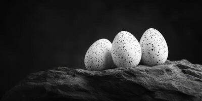 Three speckled eggs resting on a rocky surface creating a striking monochrome display photo