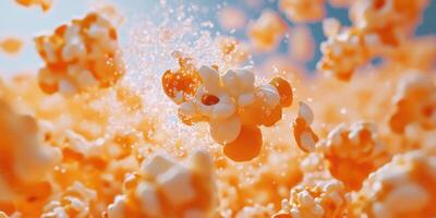 Popcorn bursts into the air, capturing an energetic moment of celebration at the movie theater during a lively film screening photo