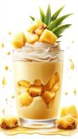 Tropical dessert featuring fresh pineapple and creamy topping in a clear glass with splashes of juice photo
