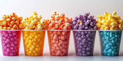 Colorful popcorn in vibrant cups arranged for a festive celebration or movie night photo