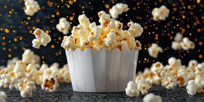 Freshly popped popcorn spills from a white bucket against a dark background with shimmering golden particles photo