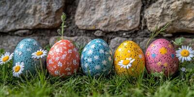Colorful decorated Easter eggs arranged on grass with daisies in a garden setting on a sunny day photo