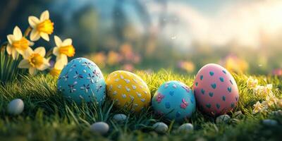 Colorful easter eggs decorated with patterns resting in a lush garden during springtime photo