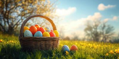 Colorful Easter eggs in a wicker basket on a sunny grassy field during springtime photo