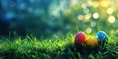 Colorful Easter eggs resting on green grass under soft sunlight with a blurred background photo