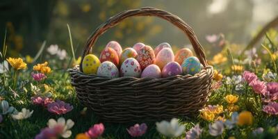 Colorful Easter eggs arranged in a wicker basket amidst blooming flowers on a sunny day photo
